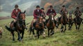 Traditional english Fox hunters are galloping on field in red hunting suits, hunting dogs running next to horses. Royalty Free Stock Photo