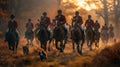 Traditional english Fox hunters are galloping on field in red hunting suits, hunting dogs running next to horses. Royalty Free Stock Photo