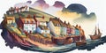 Traditional English seaside town fishing village harbour scene watercolour England UK Royalty Free Stock Photo