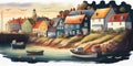 Traditional English seaside town fishing village harbour scene watercolour England UK Royalty Free Stock Photo