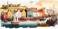 Traditional English seaside town fishing village harbour scene watercolour England UK Royalty Free Stock Photo