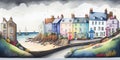 Traditional English seaside town fishing village harbour scene watercolour England UK Royalty Free Stock Photo