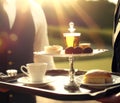 Traditional English tea time, cups, crockery, food and desserts served by a waiter at formal English garden, estate or Royalty Free Stock Photo