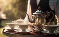 Traditional English tea time, cups, crockery, food and desserts served by a waiter at formal English garden, estate or Royalty Free Stock Photo