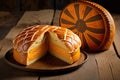 Traditional epiphany cake, also known as kings day bread, on a wooden background