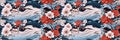 traditional ethnic oriental asian japanese floral seamless pattern with red blue flowers on white background Royalty Free Stock Photo