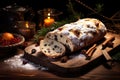 Traditional European Christmas homemade stollen with festive decoration