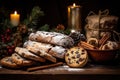 Traditional European Christmas homemade stollen with festive decoration