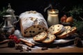 Traditional European Christmas homemade stollen with festive decoration