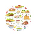 Traditional European Cuisine Meals Pattern of Round Shape, Delicious Dishes and Desserts Vector Illustration