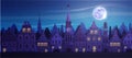Traditional European old town.Town hall, chapel, beautiful houses, city street. Night city, moon. Vector cartoon