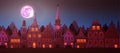 Traditional European old town.Town hall, chapel, beautiful houses, city street. Night city, moon. Vector cartoon