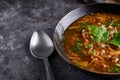 Traditional European and Russian soup borsch with cabbage and meat served in a plate on a dark stone table