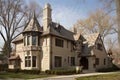 traditional exterior of tudor-style house, complete with turret, cast stone columns and decorative half-timbering