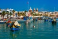 Taditional eyed boats Luzzu in Marsaxlokk, Malta Royalty Free Stock Photo