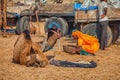 Traditional Fair in Pushkar. Woman collects camels shit - fuel f Royalty Free Stock Photo