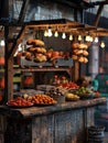 Traditional falafel stall, firewood flame, dusk, intimate angle, cultural essence, market chatter Royalty Free Stock Photo