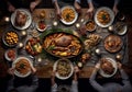 Traditional family Thanksgiving dinner served on wood table from above AI Generated