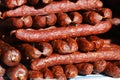 Traditional famous hungarian sausages arranged at the stand Royalty Free Stock Photo