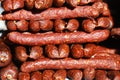 Traditional famous hungarian sausages arranged at the stand Royalty Free Stock Photo