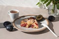 Traditional The Famous plum torte, pie. Piece on plate with cup of tea, teaspoon and plums on table in sunlight Royalty Free Stock Photo