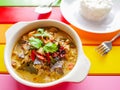 Traditional famous thai food, Chicken with coconut milk and galangal soup on colorful table Royalty Free Stock Photo