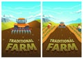 Traditional farm cartoon poster tractor plow field