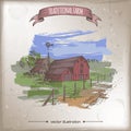 Traditional farm house, barn and pasture color vector sketch. Royalty Free Stock Photo