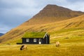 Traditional Faroese turf rooftop house on Streymoy Island. Gjogv, Faroe Islands