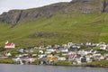 Traditional faroese village in Suduroy island. Fjord landscape. Tvoroyri