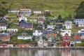 Traditional faroese village in Suduroy island. Fjord landscape. Tvoroyri