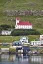 Traditional faroese village in Suduroy island. Fjord landscape. Tvoroyri