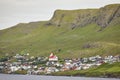 Traditional faroese village in Suduroy island. Fjord landscape. Tvoroyri