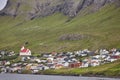 Traditional faroese village in Suduroy island. Fjord landscape. Tvoroyri