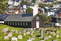 Traditional faroese village with church and cemetery. Sorvagur, Faroe