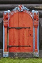 Traditional Feroe antique carved door in Kirkjubour. Cultural heritage