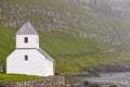 Traditional Feroe white stone church in Kirkjubour. Cultural heritage