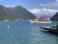 The traditional ferry crossing the waters of the turquoise Achensee Royalty Free Stock Photo