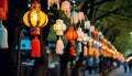 Traditional festival celebration with illuminated Chinese lanterns hanging outdoors generated by AI