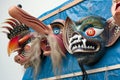 Traditional festival masks hanging on a wall from Paucartambo`s religious festival of Virgen del Carmen.