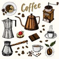 Traditional Filter Coffee Maker. Modern vintage elements, percolator, plants, grain and kettle for the shop menu. Vector Royalty Free Stock Photo