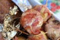 Traditional Finnish Summer Cottage Food: Grilled Stuffed Mushrooms Wrapped in Bacon Royalty Free Stock Photo