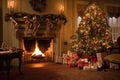 a traditional fireplace with a decorated tree and presents underneath, next to stockings hung by the chimney Royalty Free Stock Photo