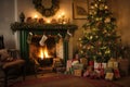 a traditional fireplace with a decorated tree and presents underneath, next to stockings hung by the chimney Royalty Free Stock Photo