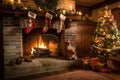 a traditional fireplace with a decorated tree and presents underneath, next to stockings hung by the chimney Royalty Free Stock Photo