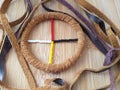 Traditional first nations medicine wheel on a wood background