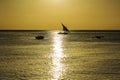 Fisherman dhow boat during sunset on Indian ocean in island Zanzibar, Tanzania, East Africa Royalty Free Stock Photo