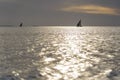 Fisherman dhow boat during sunset on Indian ocean in island Zanzibar, Tanzania, East Africa Royalty Free Stock Photo