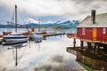 traditional fisherman houses rorbu and boats at Haholmen island, Norway Royalty Free Stock Photo