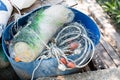 Traditional fisherman net, float and rope folded up Royalty Free Stock Photo